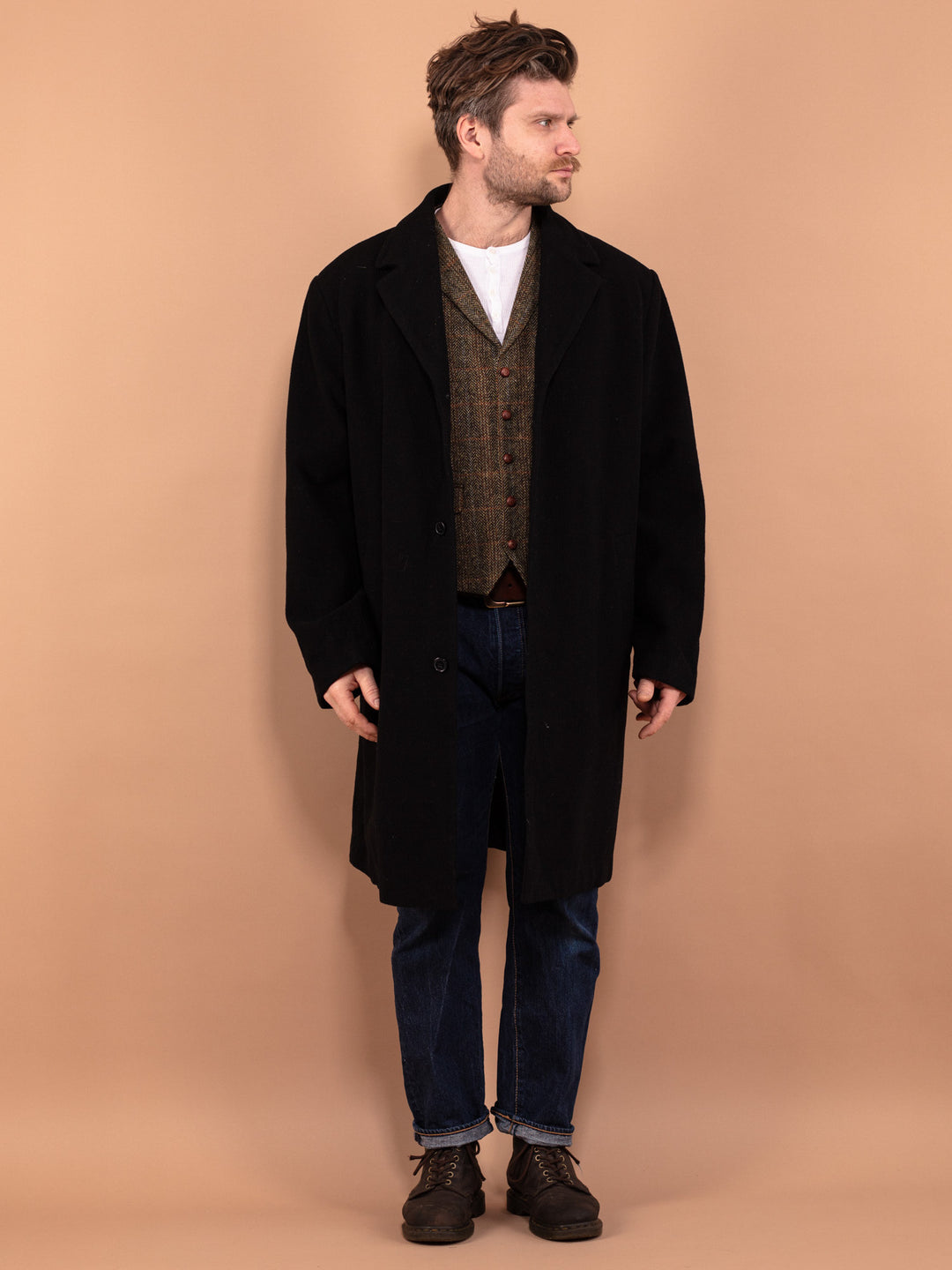 Classic Wool Coat 90's, Size Large XL, Vintage Black Wool Coat, Minimalist Spring Coat, Peaky Blinders Coat, Elegant Vintage Menswear