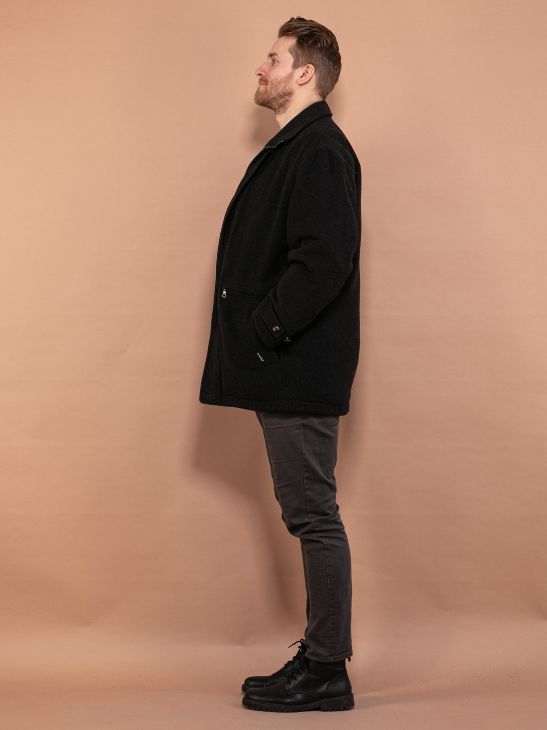 Vintage 90's Men Wool Parka Coat in Dark Gray - NorthernGrip