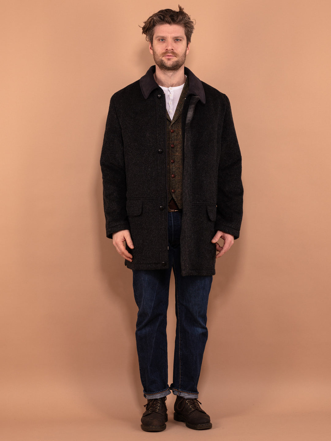 Wool Blend Parka Coat 90's, Size XL, Men Gray Winter Coat, Vintage Insulated Zip Up Coat, Vintage Loden Wool Jacket, Everyday Outerwear