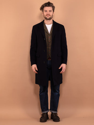Hugo Boss Wool Coat 90s, Size M, Vintage Wool Topcoat, Men Spring Coat, Navy Blue Long Minimalist Coat, Business Office Coat, Gentleman Coat