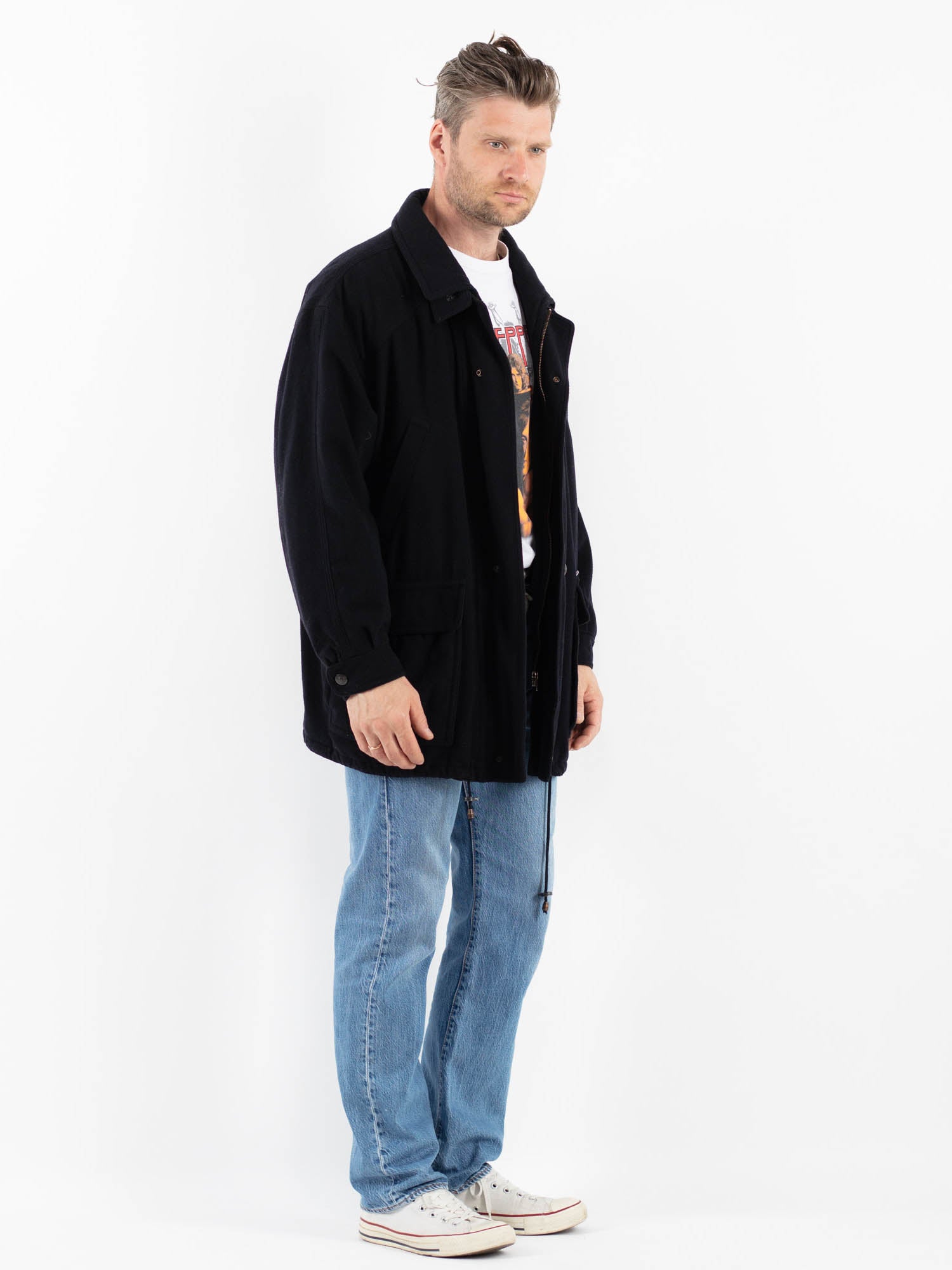 ジャケット・アウター 90s- LONGHI wool&lether half coat Double Coat in Wool and Cashmere BLUE Man