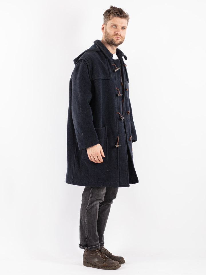 Vintage 90's Men Hooded Wool Duffle Coat in Blue