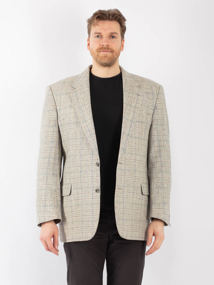Vintage 90's Men Wool Blazer Jacket in Beige Blue