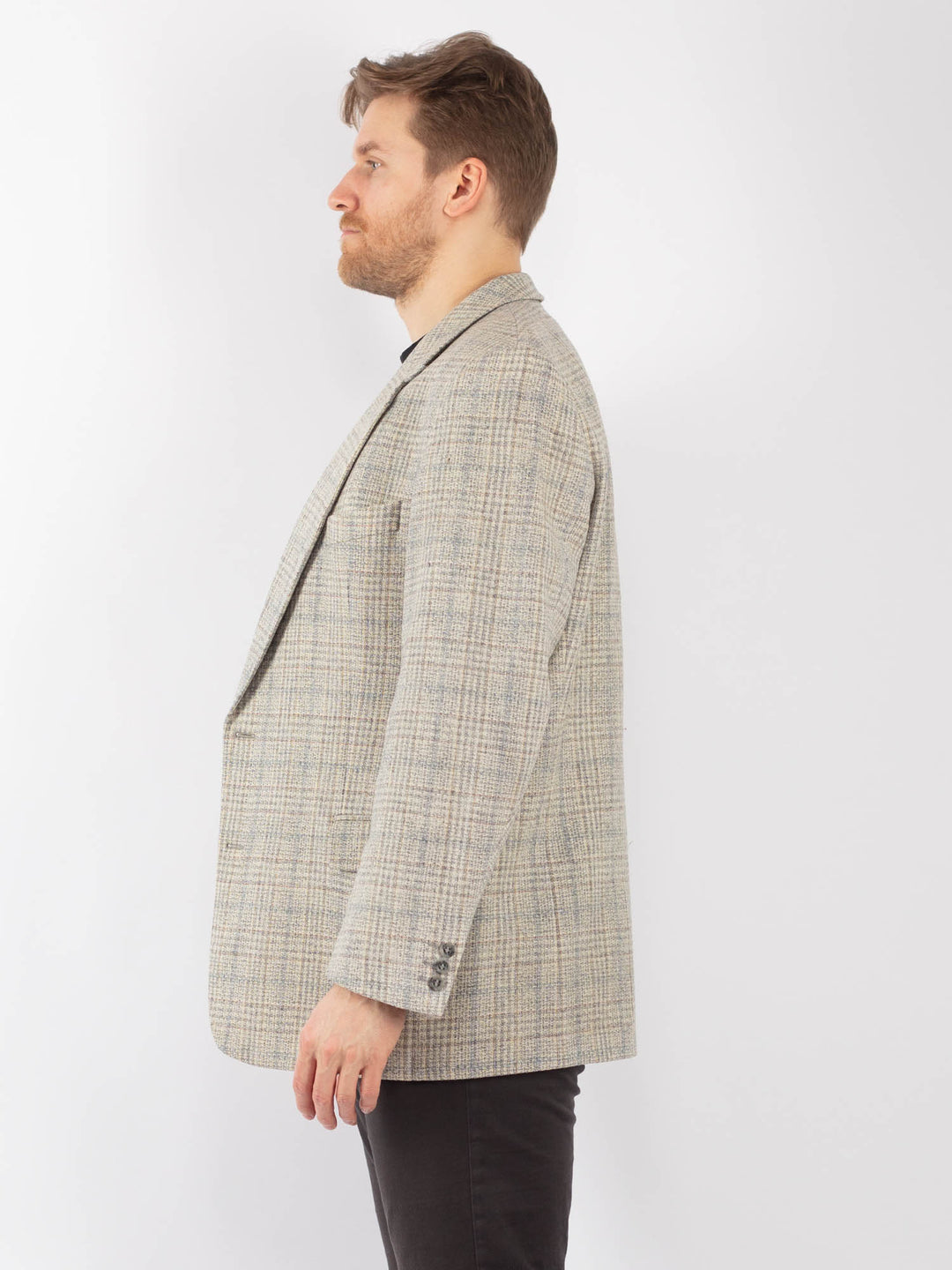Vintage 90's Men Wool Blazer Jacket in Beige Blue