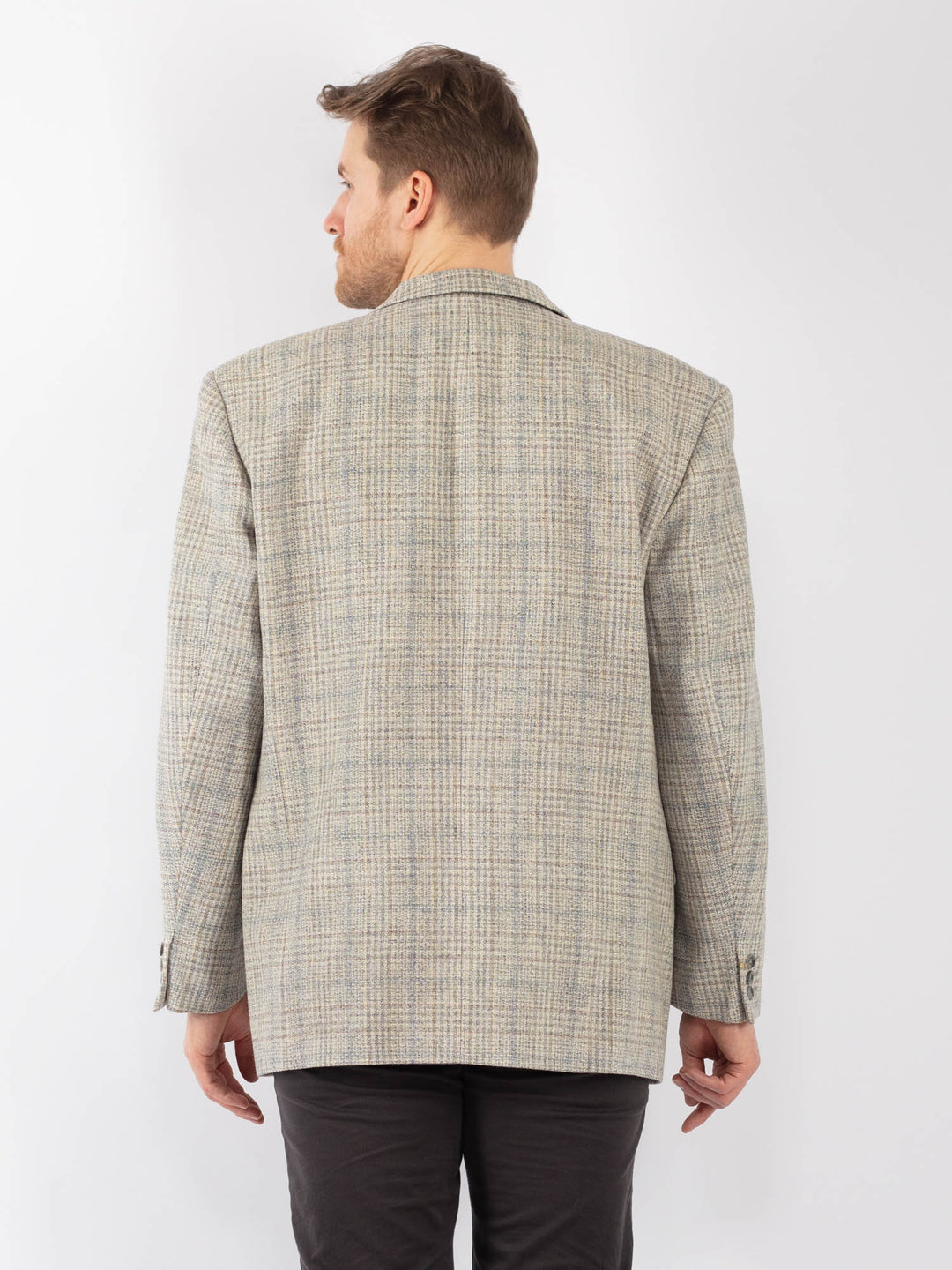 Vintage 90's Men Wool Blazer Jacket in Beige Blue