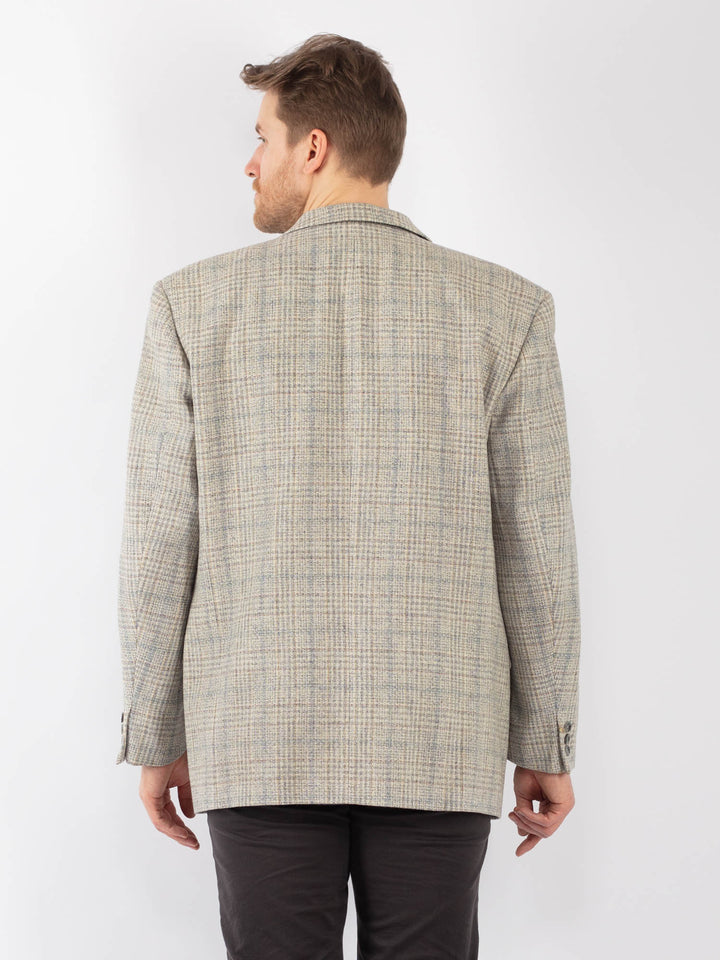 Vintage 90's Men Wool Blazer Jacket in Beige Blue