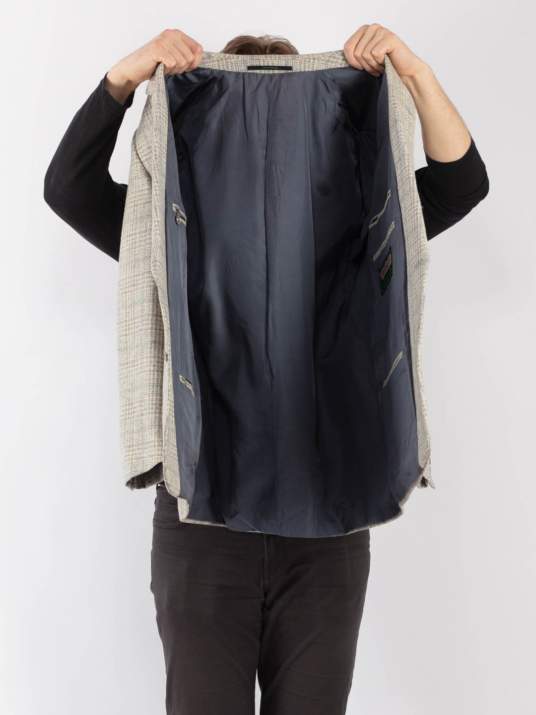 Vintage 90's Men Wool Blazer Jacket in Beige Blue