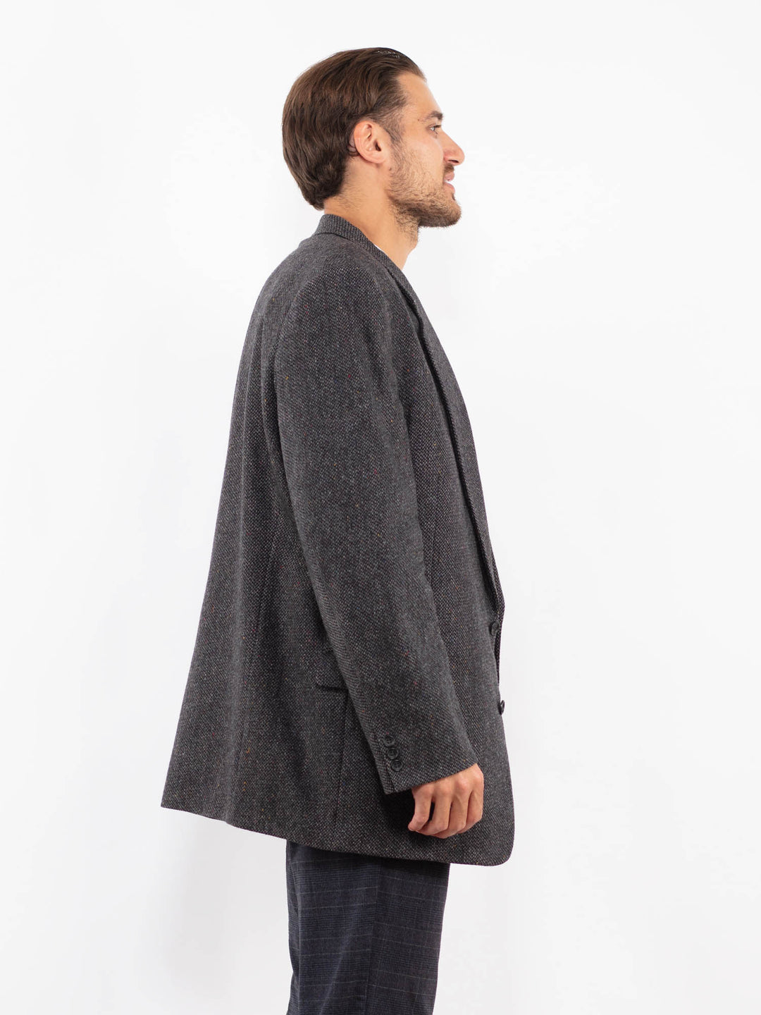 Vintage 90's Men Oversized Wool Blazer Jacket in Gray