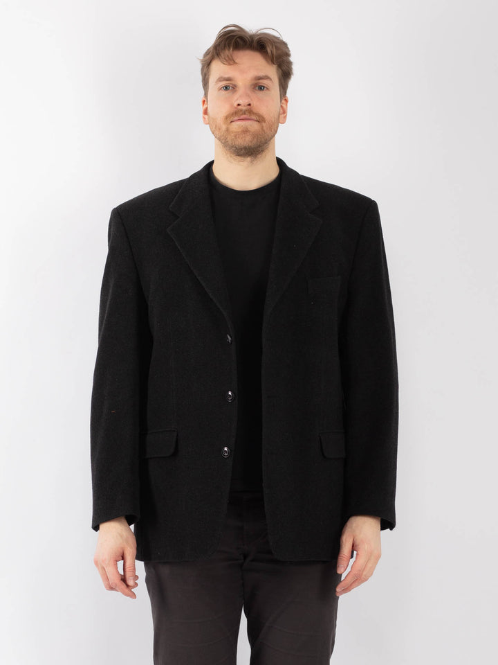Vintage 90's Men Cashmere Wool Blend Blazer Jacket in Dark Gray