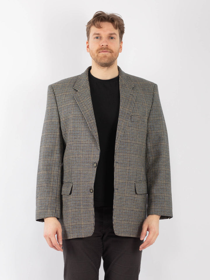 Vintage 90's Men Wool Blazer Jacket in Beige Blue