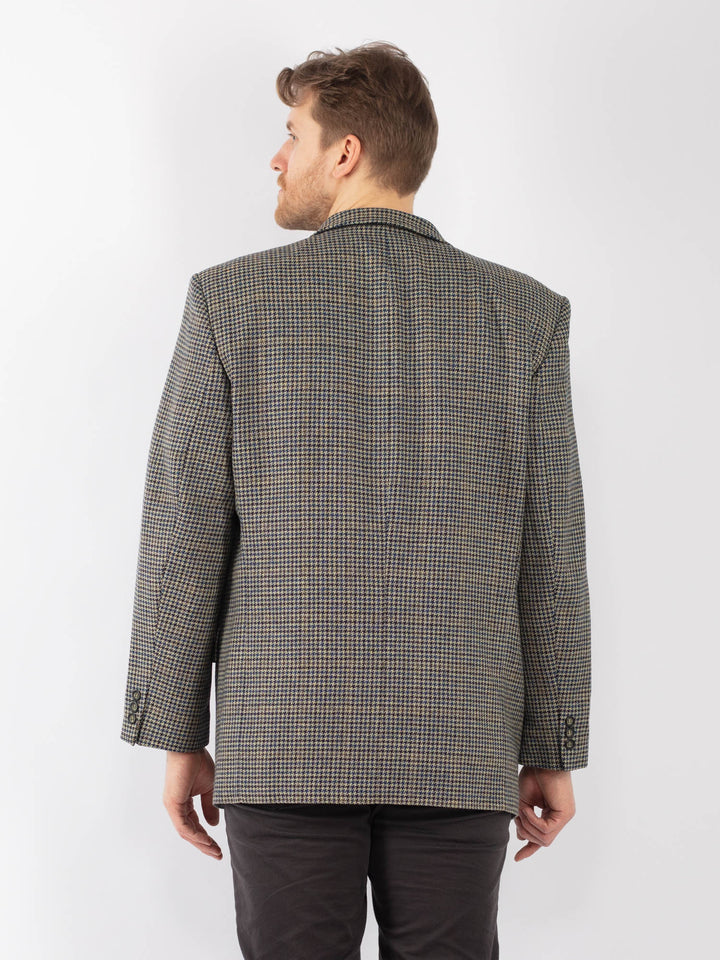 Vintage 90's Men Wool Blazer Jacket in Beige Blue