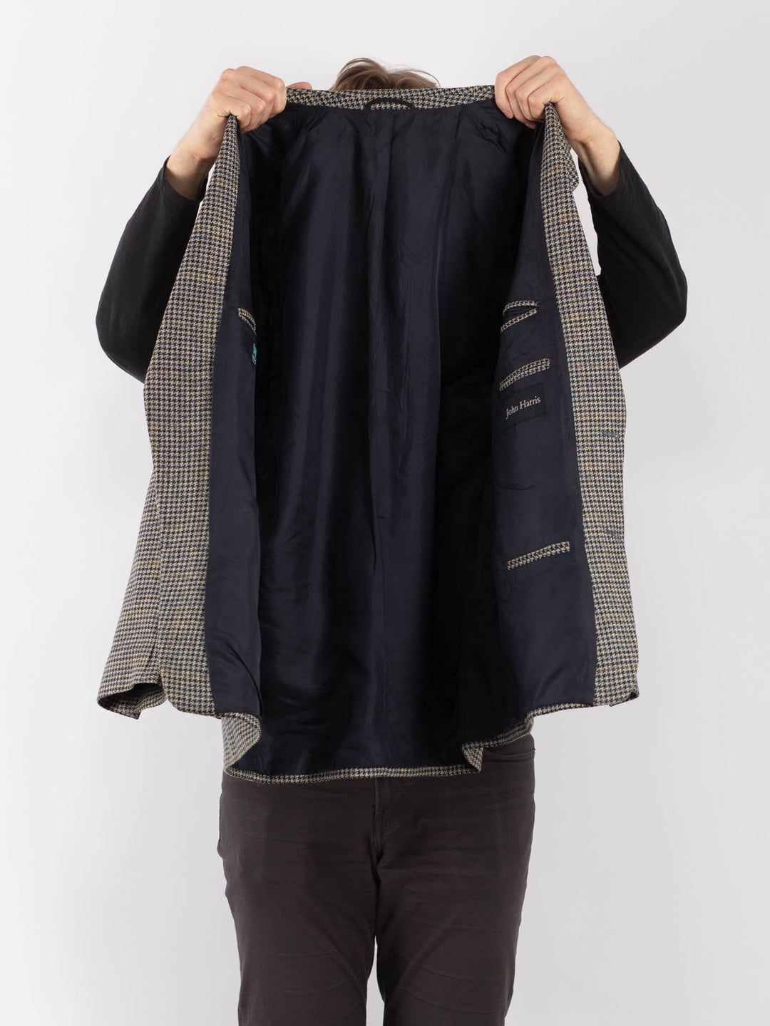 Vintage 90's Men Wool Blazer Jacket in Beige Blue