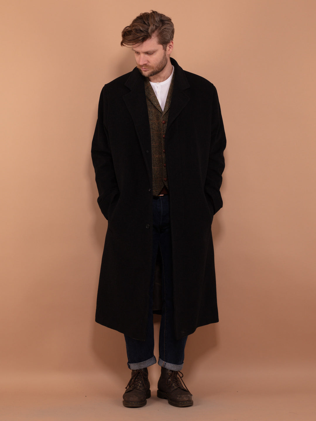 Vintage 90's Men Wool Long Coat in Dark Grey - NorthernGrip
