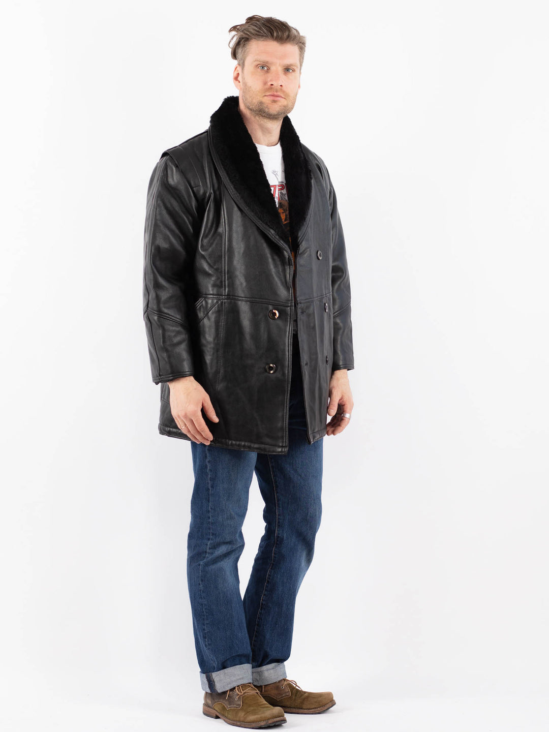 Vintage 90's Men Faux Sheepskin Coat in BlackZ1548