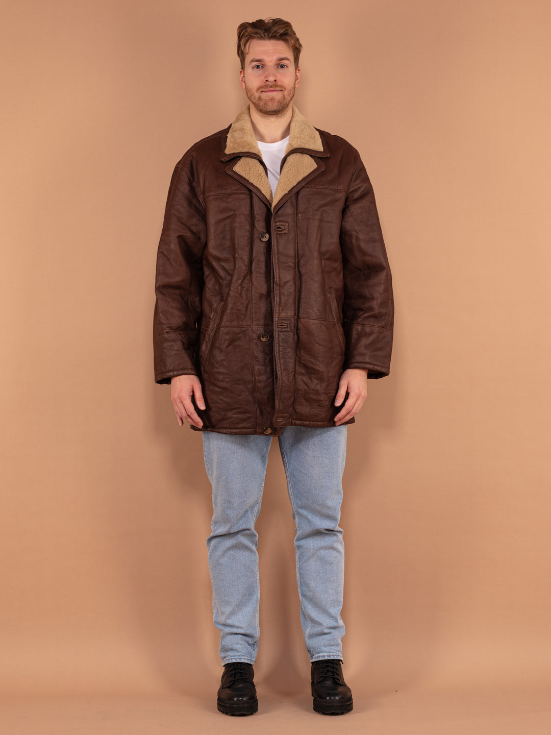Brown Shearling Coat 90's, Size Large L, Vintage Sheepskin Coat, Mens Brown Leather Overcoat, Cozy Winter Coat, Timeless Winterwear