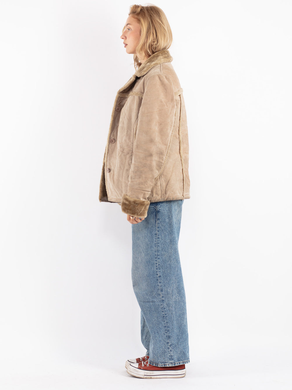 Vintage 90's Women Suede Sherpa Jacket in Beige