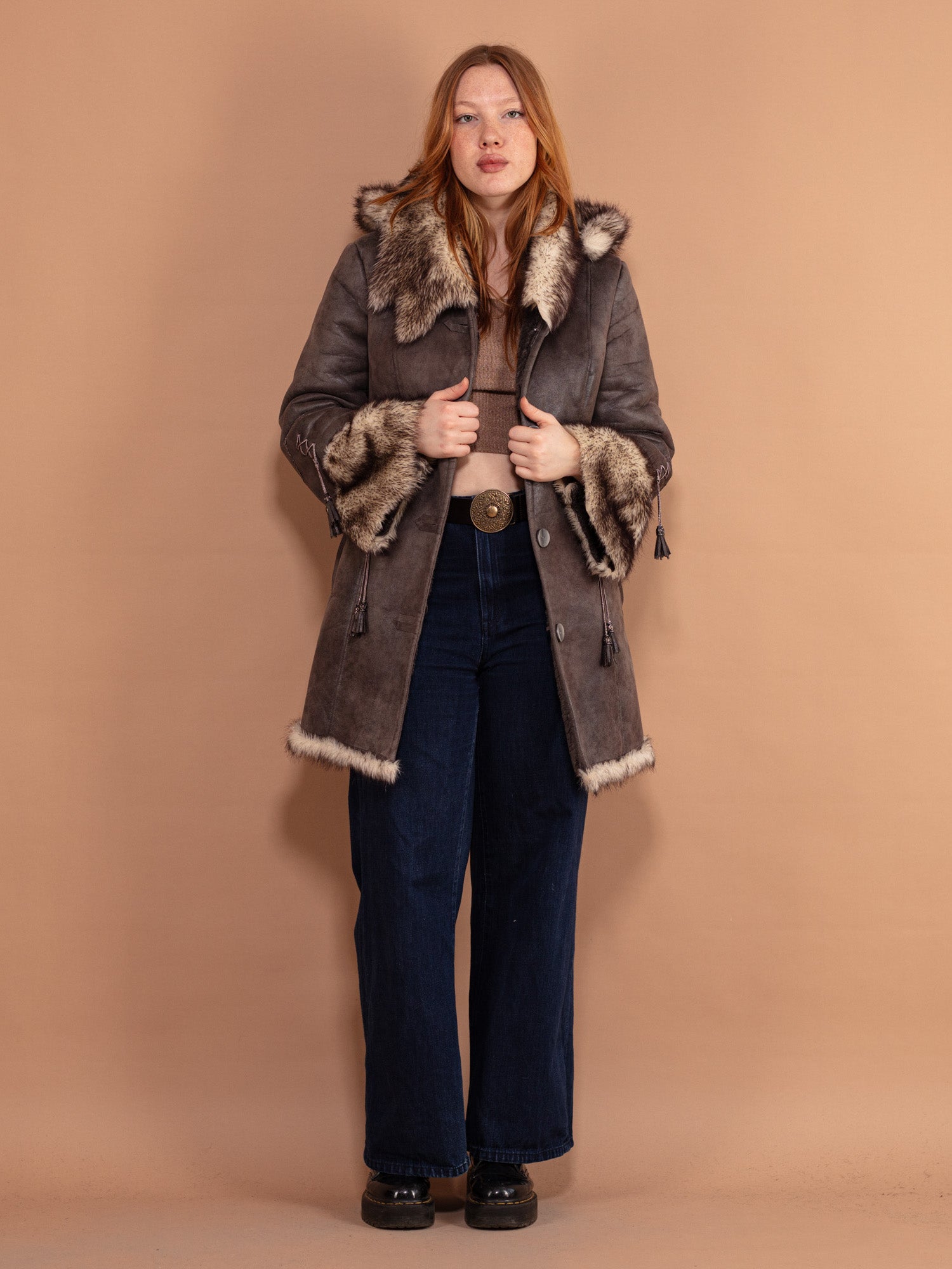 Vintage Coat Retro fashion 1980s Suede + Faux Shearling Lining + Penny Lane + Almost Famous + Dusty Brown Grey + Waist Tie + Womens Apparel