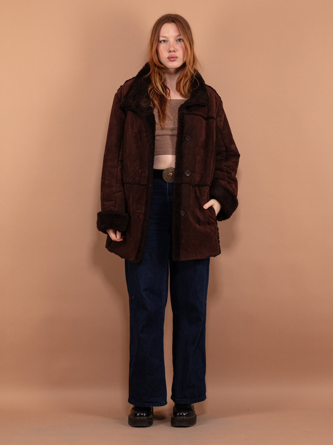 Vintage-90s-Women-Faux-Sheepskin-Coat-Brown-5