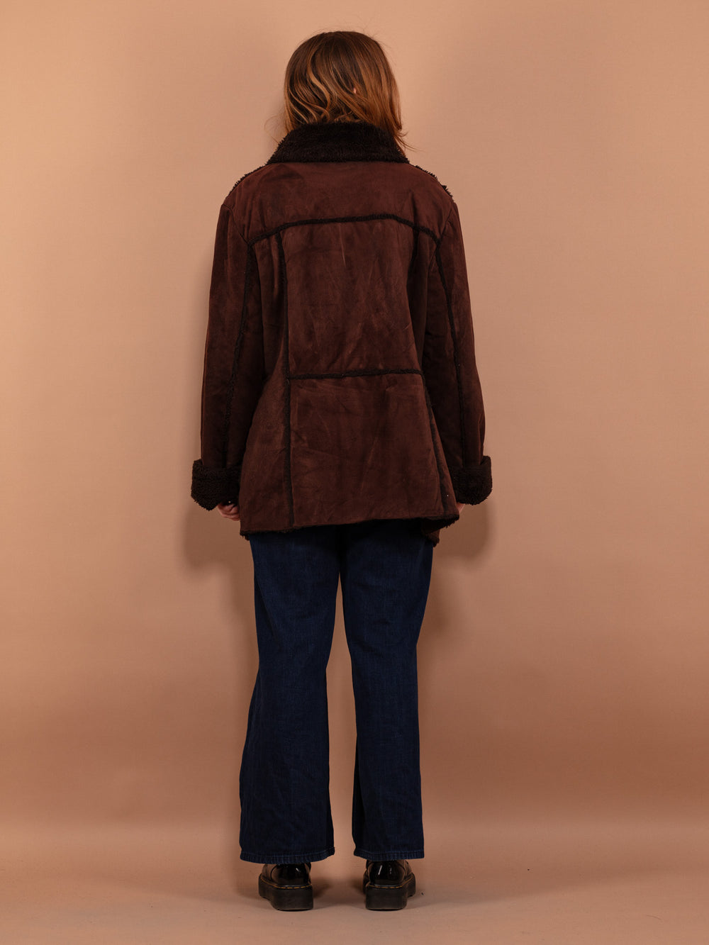 Vintage 90's Women Faux Sheepskin Coat in Brown - NorthernGrip
