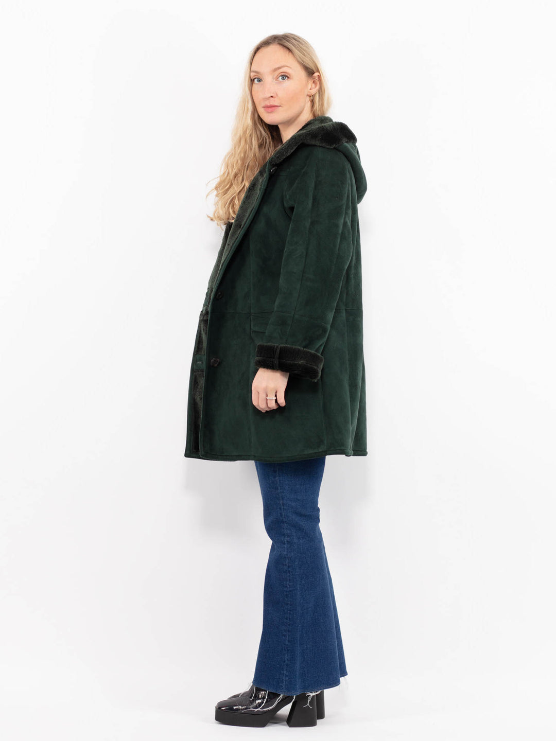 Vintage 90's Women Faux Sheepskin in GreenA0978