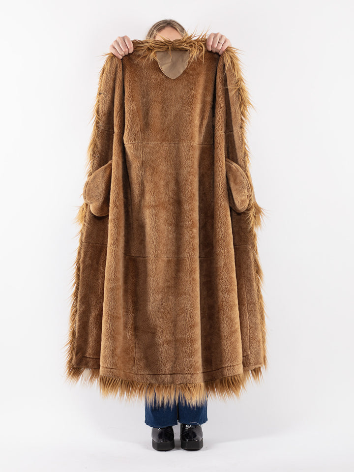 Vintage 90's Women Faux Sheepskin Coat in Beige