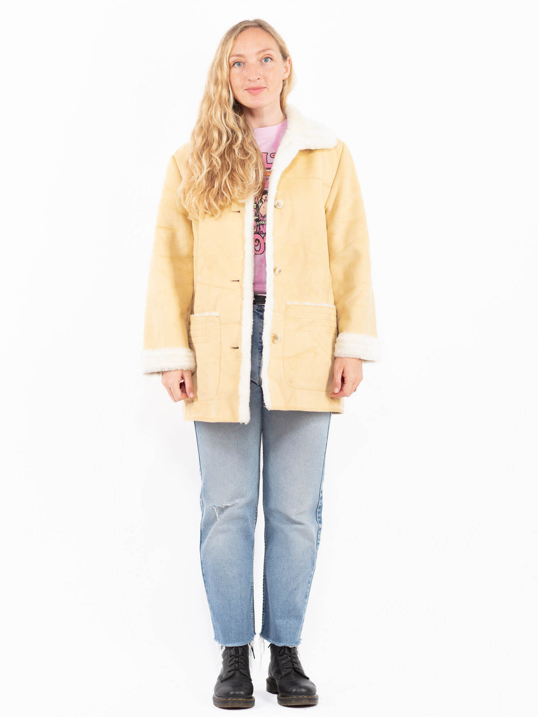 Vintage 90's Women Faux Sheepskin Coat in YellowA0516