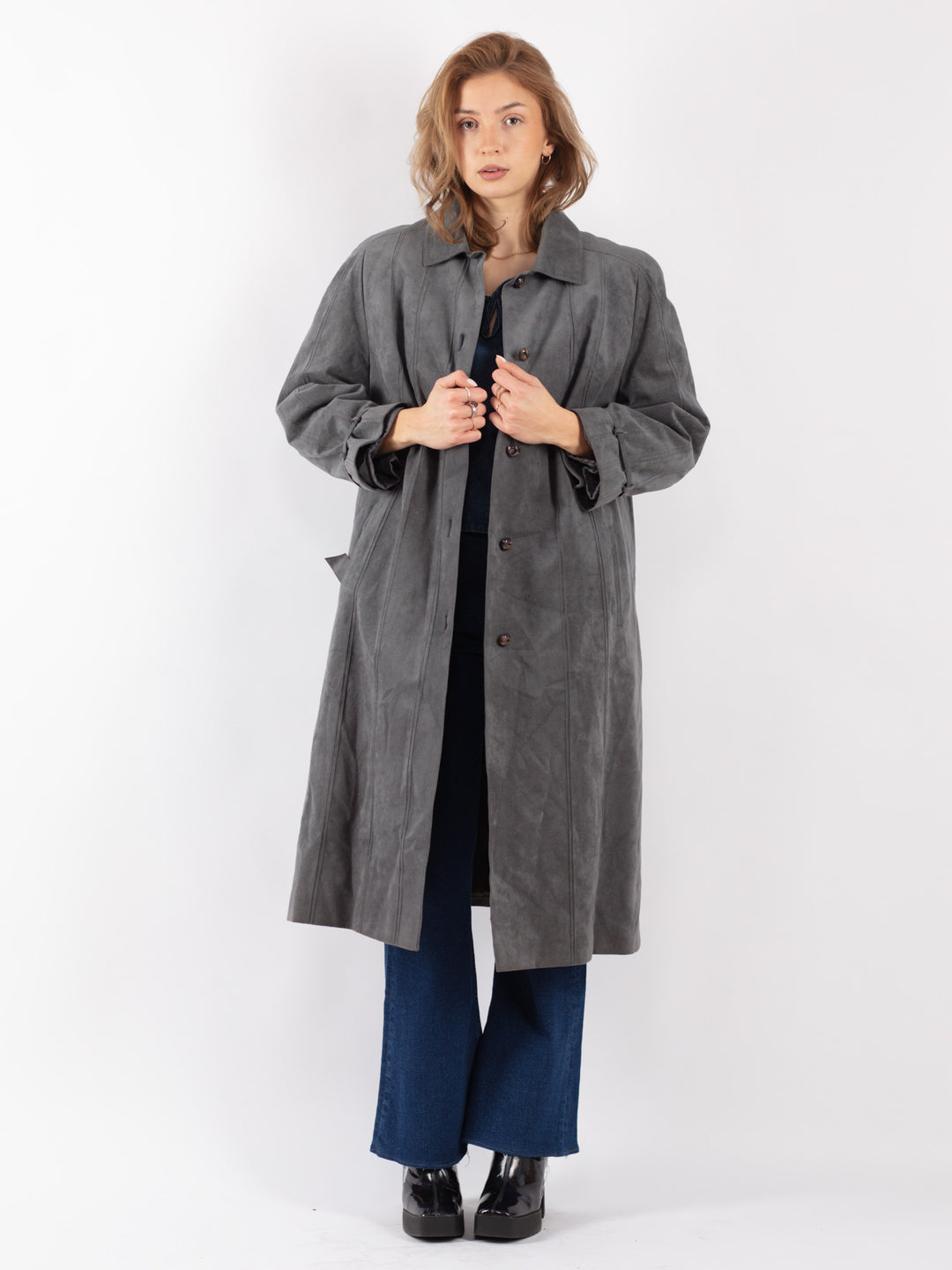 Vintage 90's Women Faux Sheepskin Coat in Gray