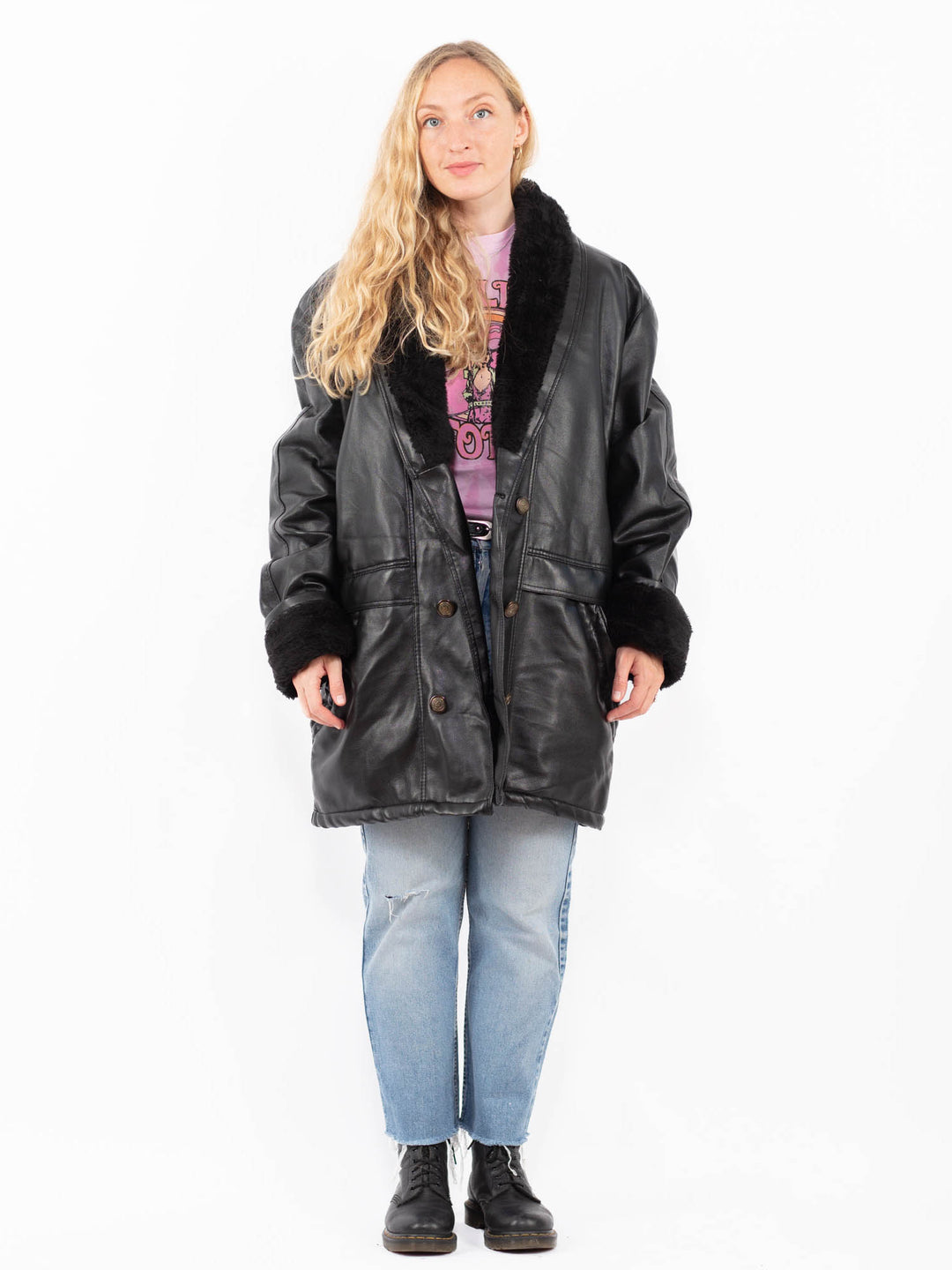 Vintage 90's Women Faux Sheepskin Coat in BlackA0520