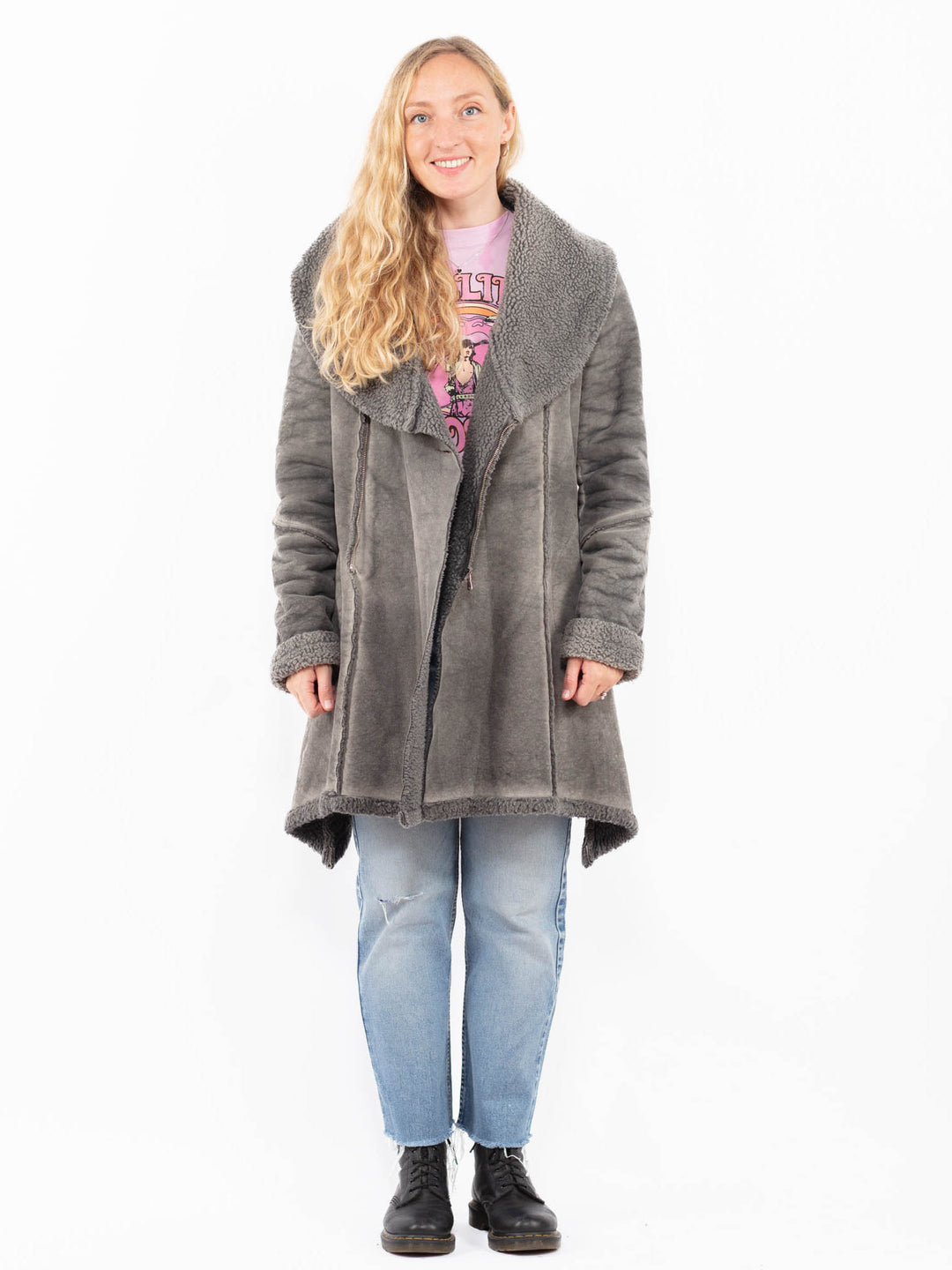 Vintage 90's Women Faux Sheepskin Coat in GrayA0524