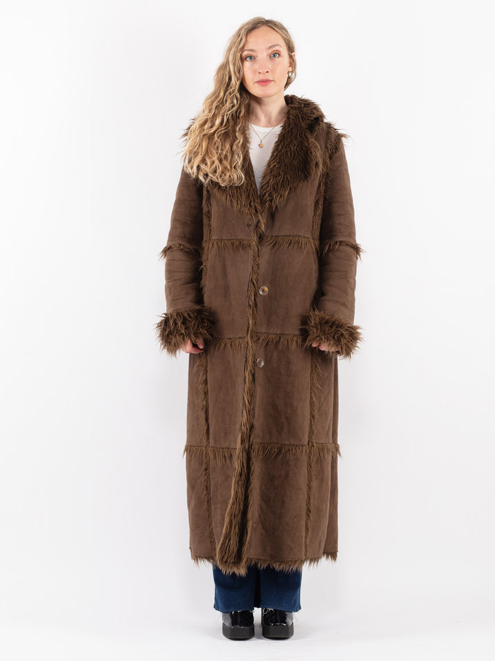 Vintage 90's Women Faux Sheepskin Coat in Brown
