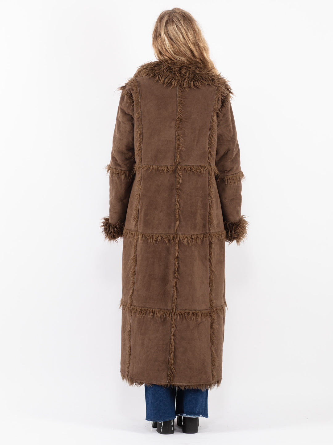 Vintage 90's Women Faux Sheepskin Coat in Brown