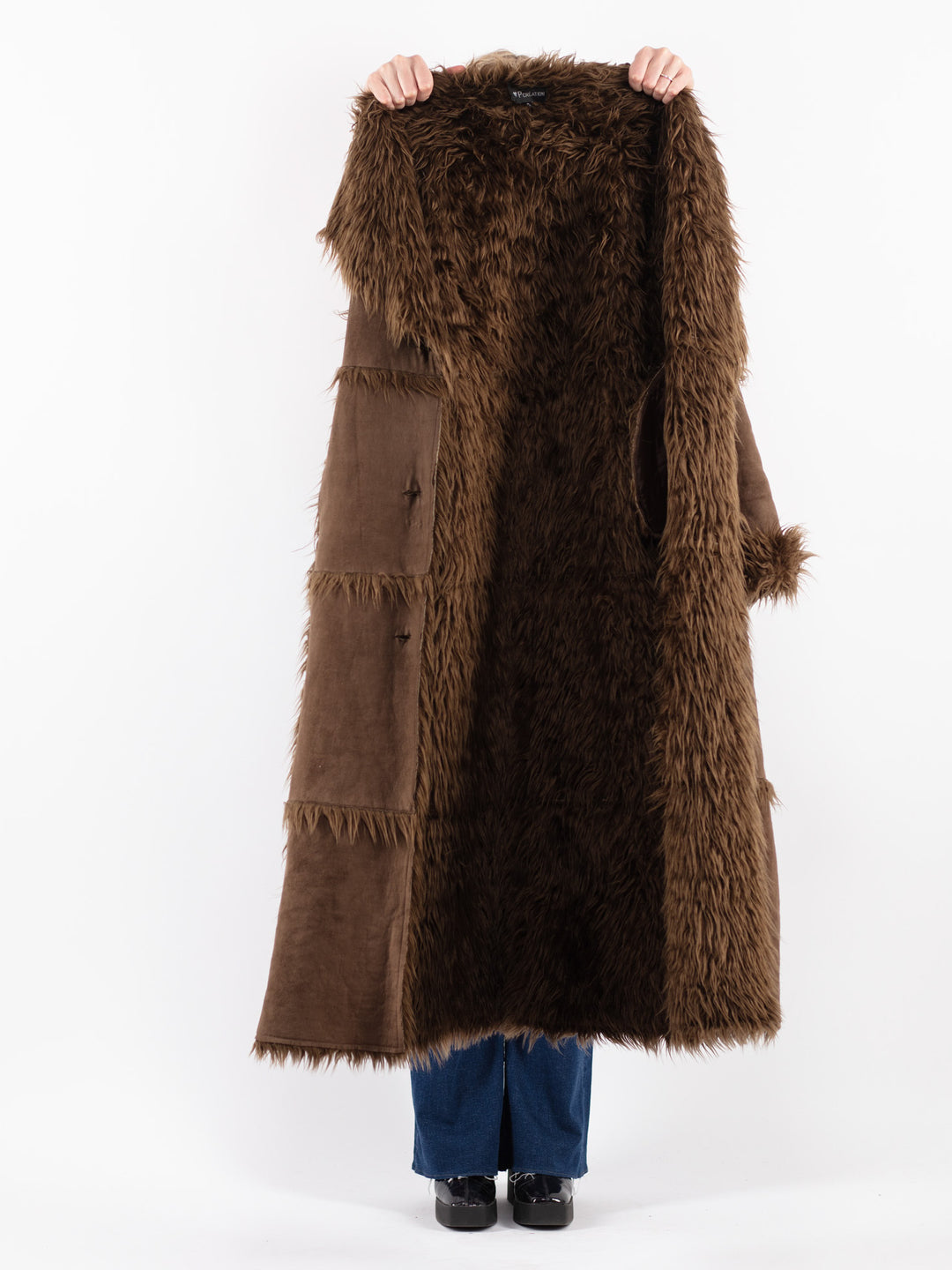 Vintage 90's Women Faux Sheepskin Coat in Brown