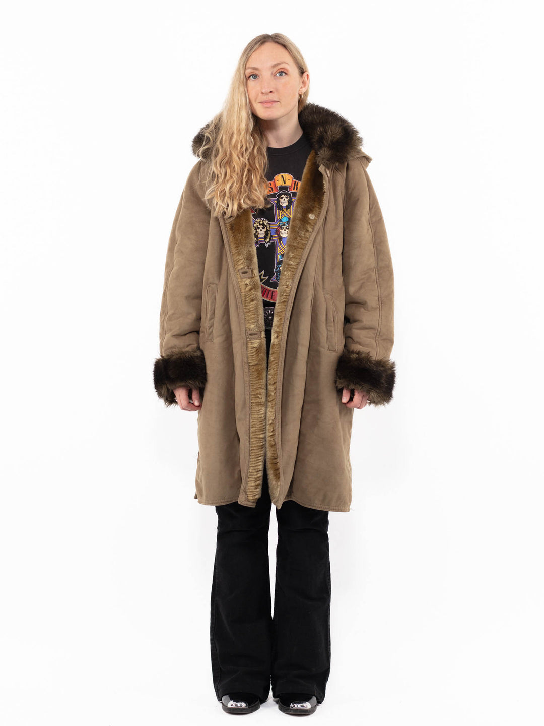 Vintage 90's Women Faux Sheepskin Coat in BeigeA0909