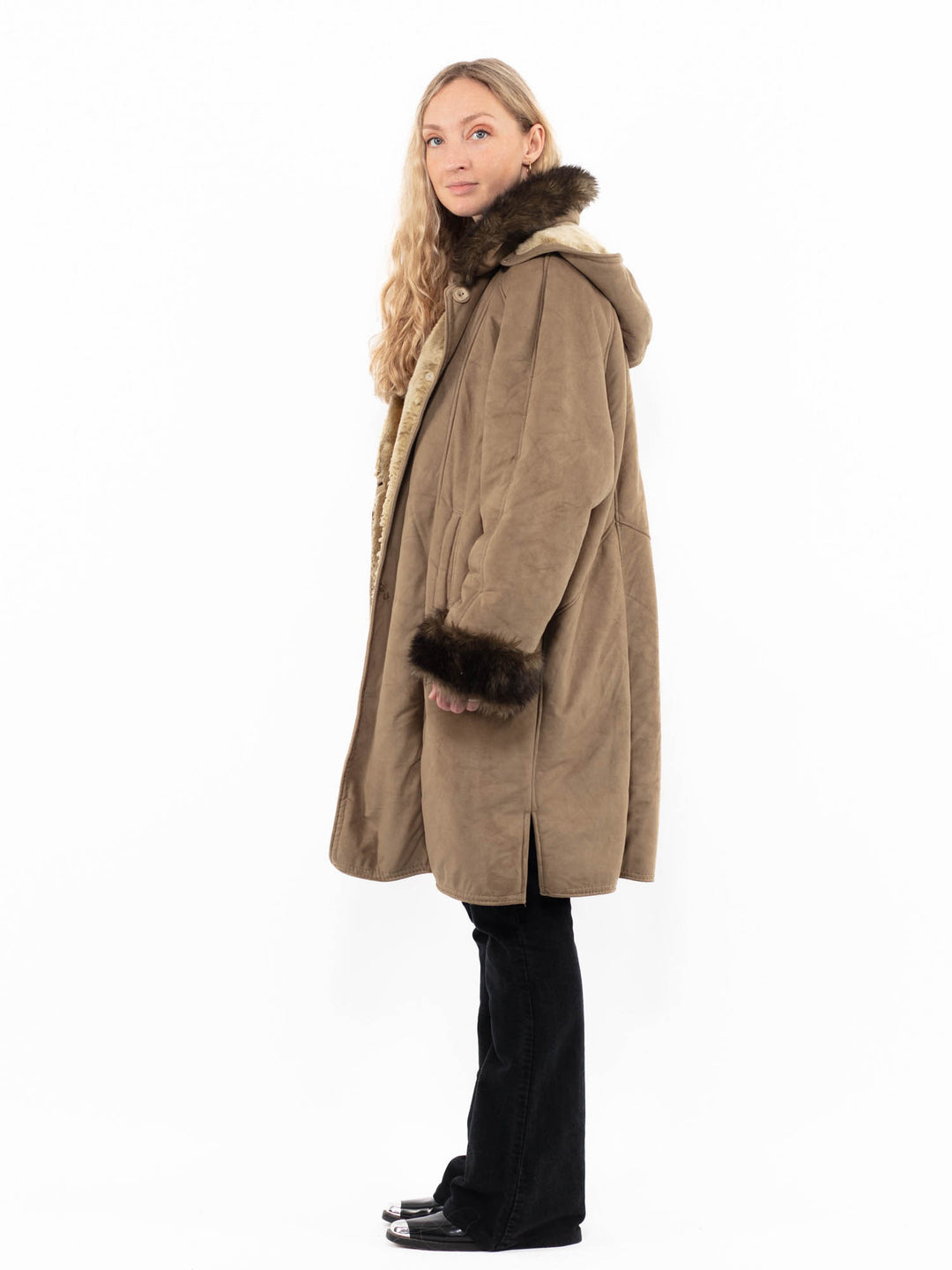 Vintage 90's Women Faux Sheepskin Coat in BeigeA0909