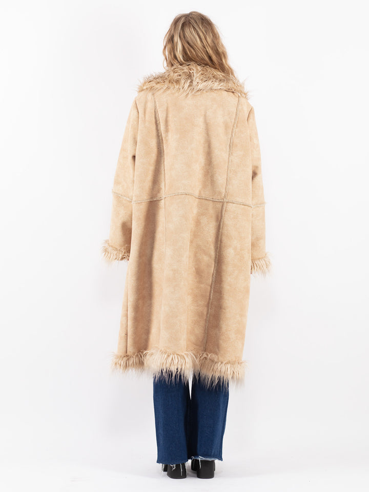 Vintage 90's Women Faux Sheepskin Coat in Beige