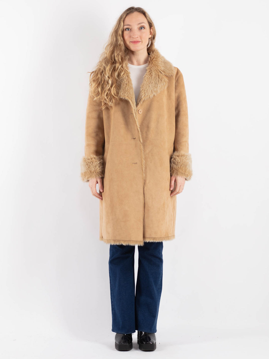 Vintage 90's Women Faux Sheepskin Coat in BeigeV9155