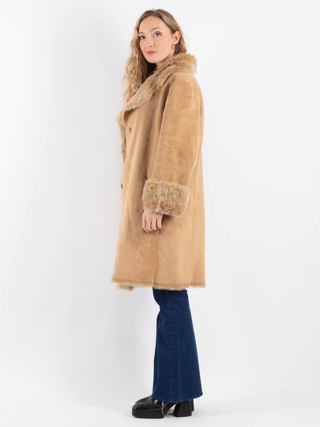 Vintage 90's Women Faux Sheepskin Coat in BeigeV9155