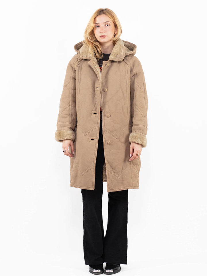 Vintage 90's Women Faux Sheepskin Coat in BeigeA0186