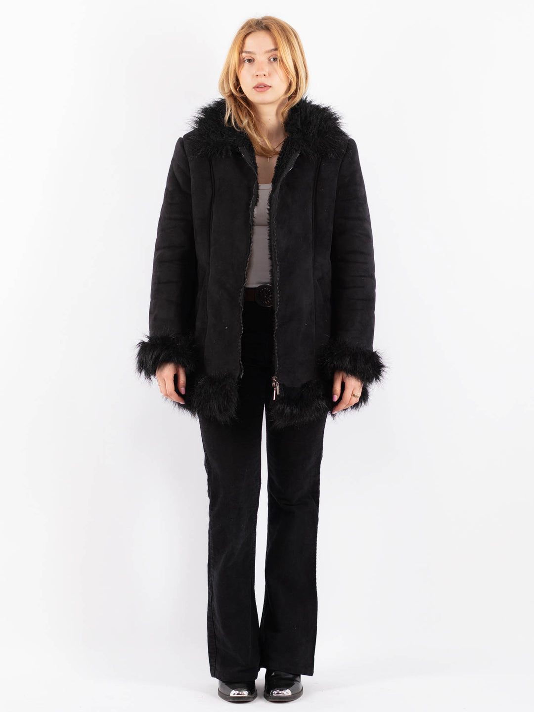 Vintage 90's Women Faux Sheepskin Coat in BlackV9669