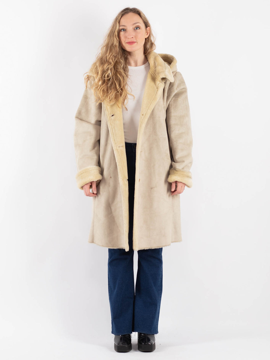 Vintage 90's Women Faux Sheepskin Coat in BeigeV9166
