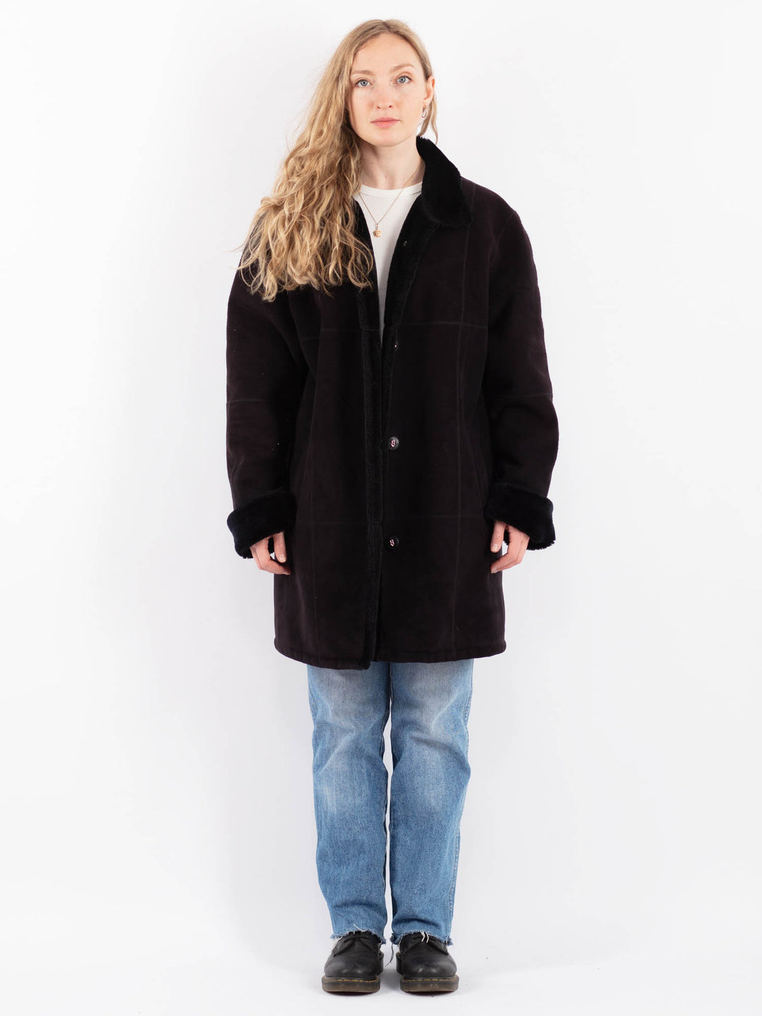 Vintage 90's Women Faux Sheepskin Coat in BlackV9501