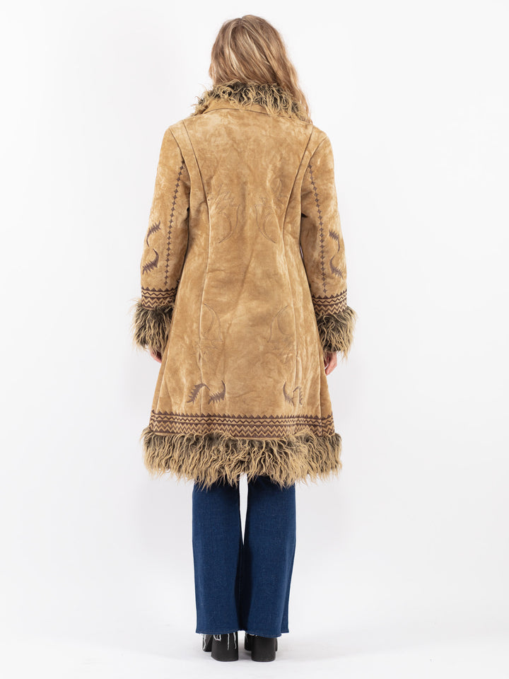 Vintage 90's Women Faux Sheepskin Coat in Beige