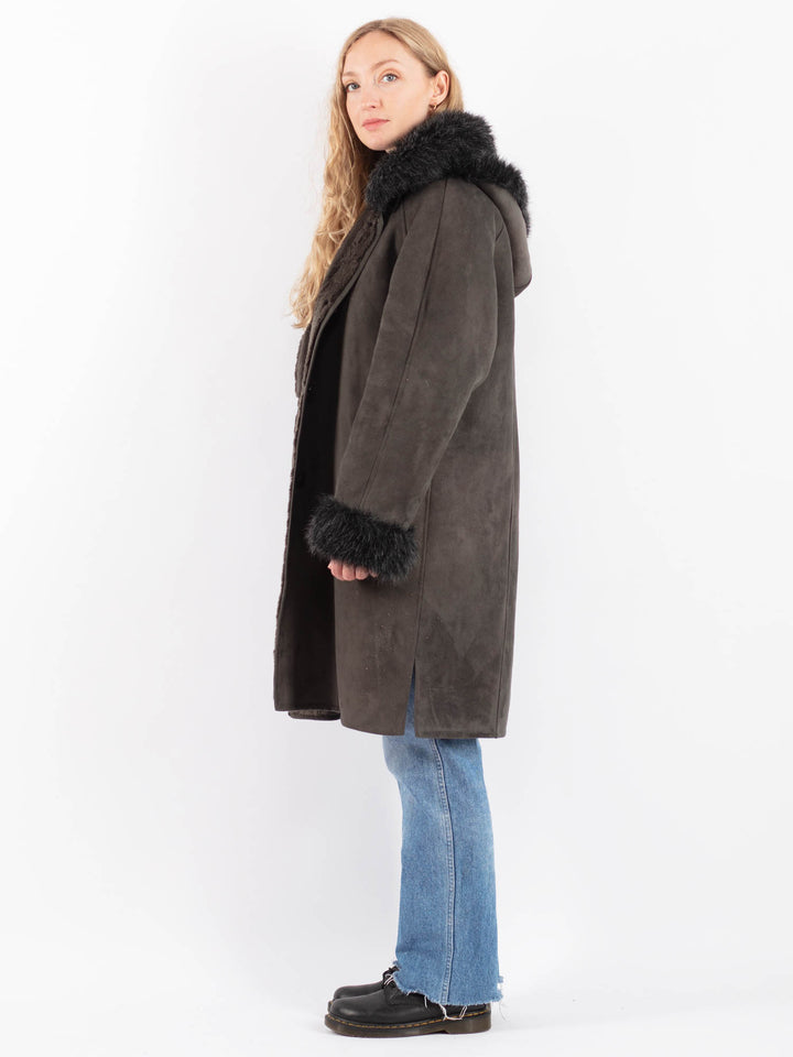 Vintage 90's Women Faux Sheepskin Coat in GrayV9504