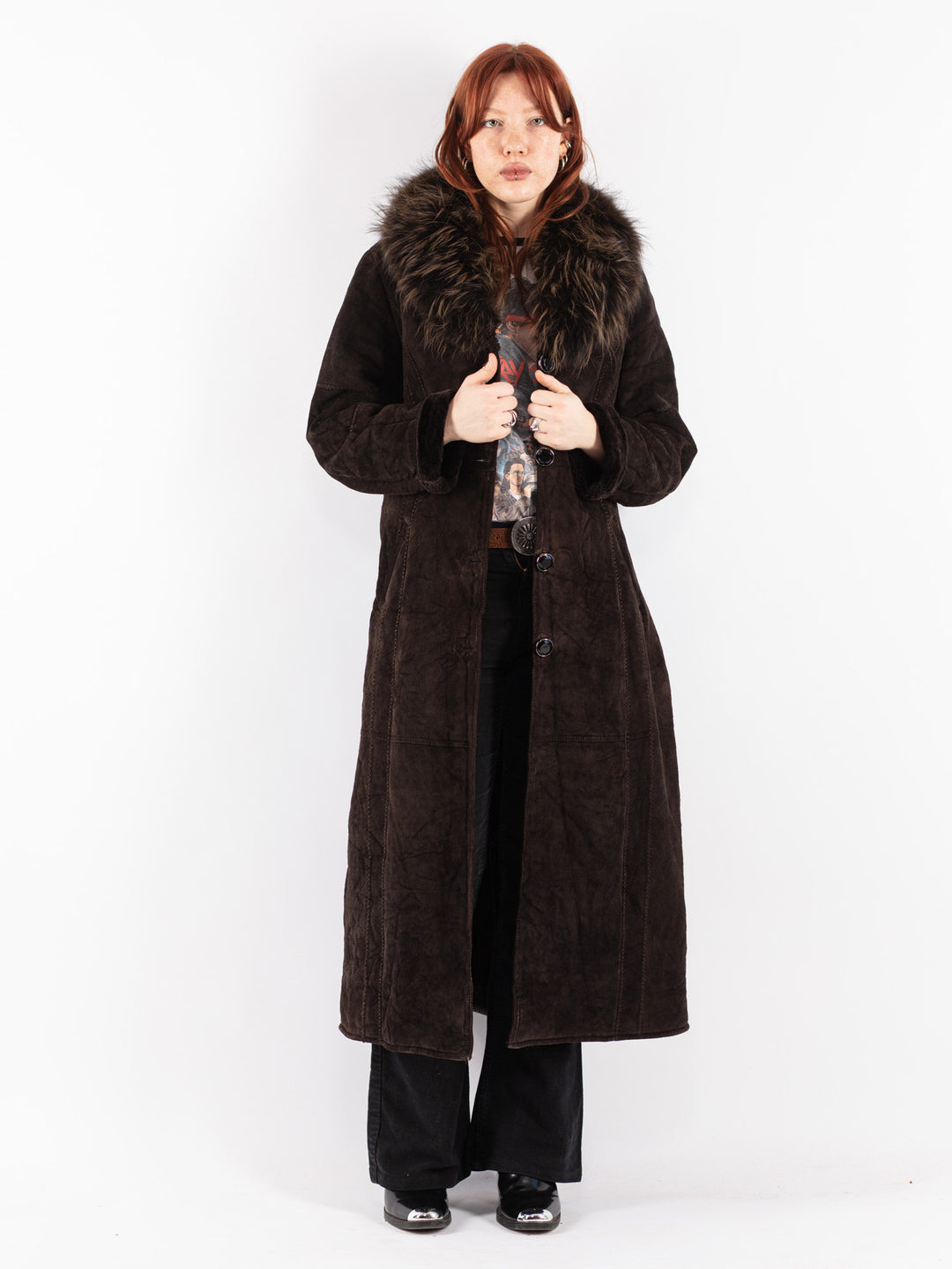 Vintage 90's Women Faux Sheepskin Coat in Brown