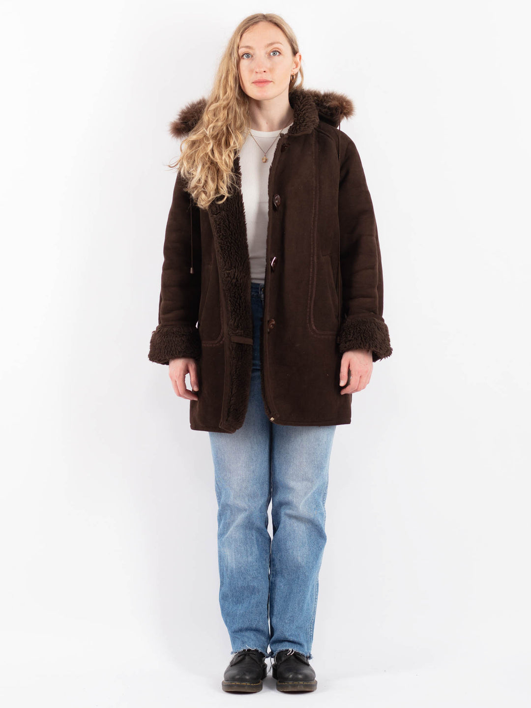 Vintage 90's Women Faux Sheepskin Coat in BrownV9507