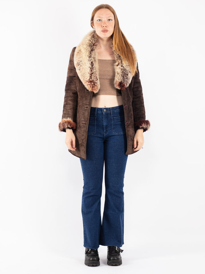 Vintage 90's Women Faux Sheepskin Coat in Brown