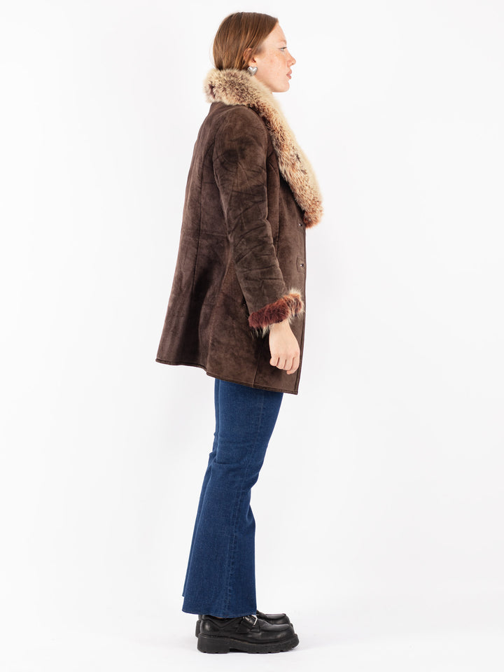 Vintage 90's Women Faux Sheepskin Coat in Brown