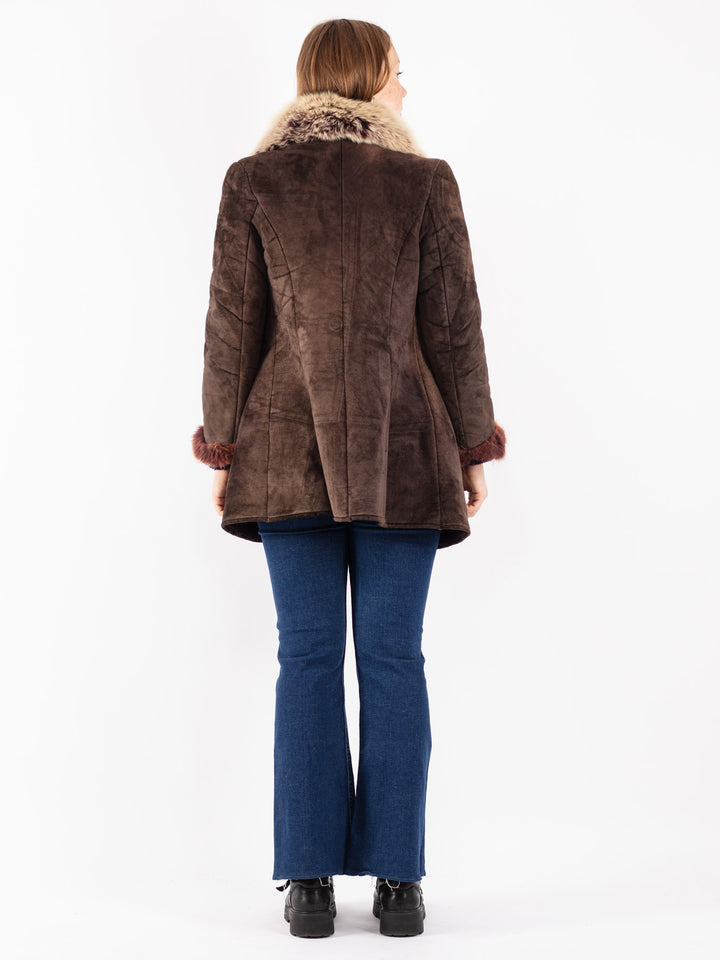 Vintage 90's Women Faux Sheepskin Coat in Brown