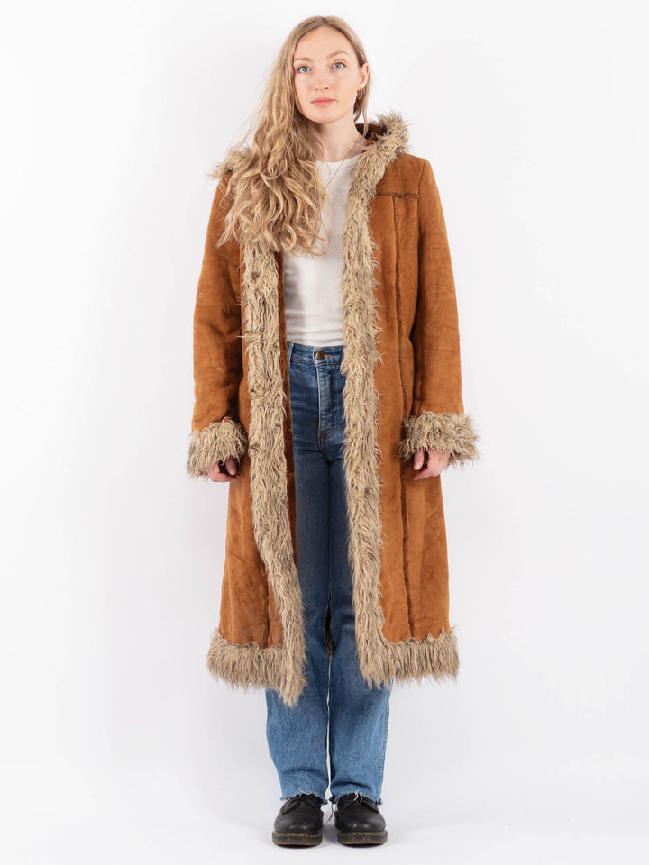 Vintage 90's Women Faux Sheepskin Coat in BrownV9509