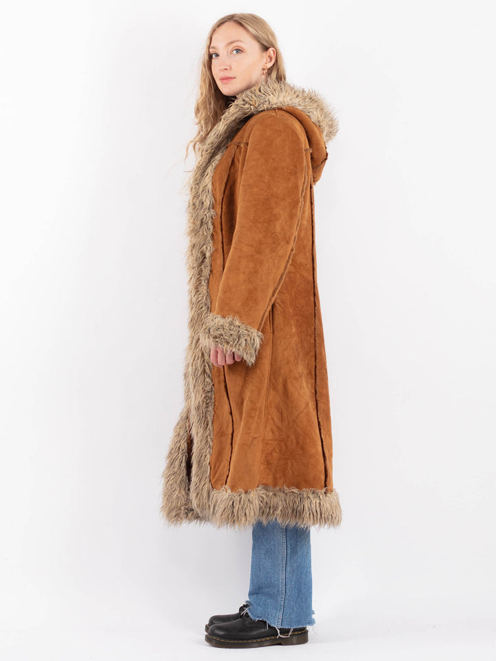 Vintage 90's Women Faux Sheepskin Coat in BrownV9509